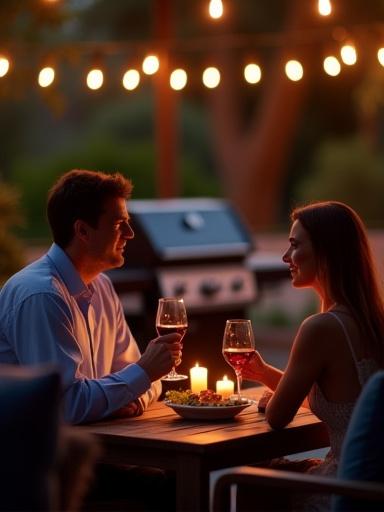 パティオでワインを片手にグリルを楽しむカップル